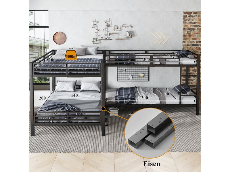  Lit superposé noir en fer 90x200 et 140x200 cm avec plusieurs couchages, échelle à 3 marches et sommiers métalliques  - Conforama E