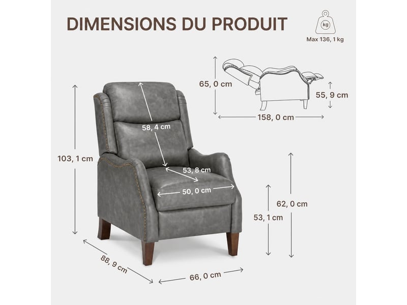 Fauteuil relax manuel en pu,3 positions,  structure en bois massif – salon, bureau, chambre,gris  - Conforama C