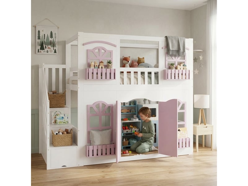 Lit mezzanine enfant 90x200 cm, lit cabane en bois avec escalier de rangement, fenêtres et porte ouvrante, espace de jeu sous le lit, blanc et rose - Conforama D