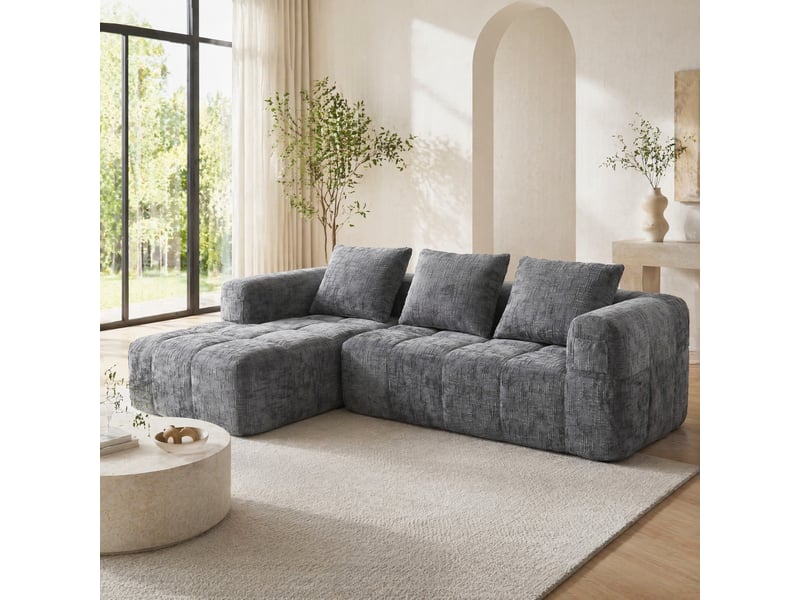  Canapé d'angle modenvie 3 places modulable avec méridienne en chenille gris 250 x 158 cm  - Conforama B