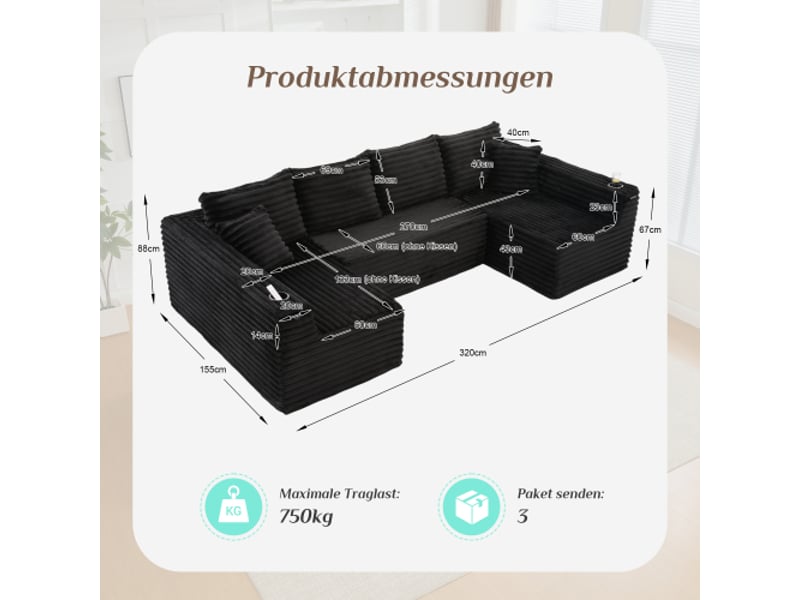  Canapé d'angle en u velours côtelé - porte-boissons, poches, ressorts, 4 coussins dorsaux, 2 déco, confort ergonomique  - Conforama C