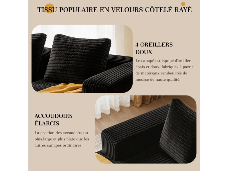 Canapé modulaire 4 places 261x168 cm – noir – méridienne réversible, sans montage et modulable au quotidien - Conforama D