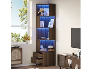 Bibliothèque d'angle 45x43,5x180 cm, 4 niveaux et 2 tiroirs, led par application, meuble salon et bureau, mdf, brun