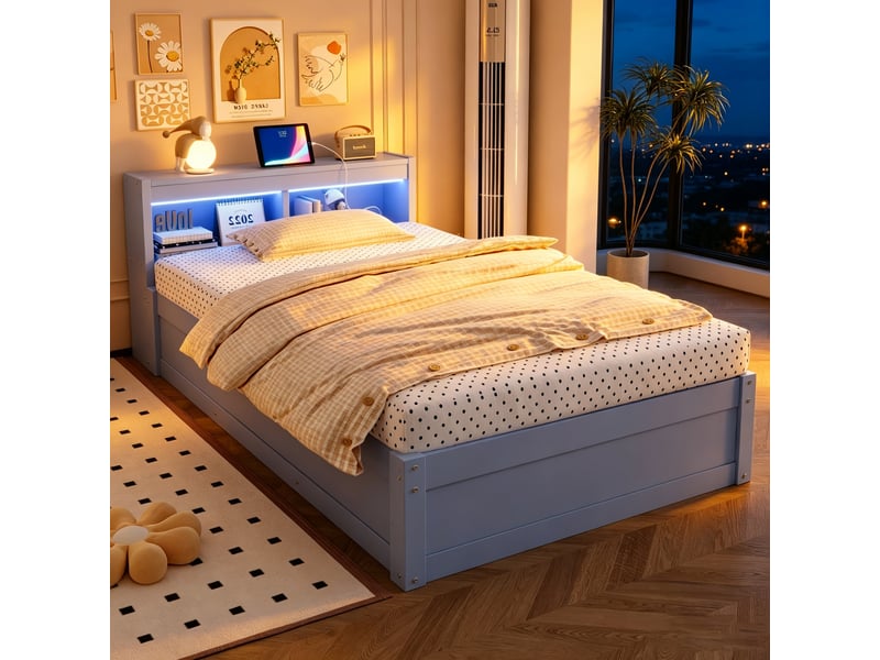  Canapé-lit 90x200 cm, lit enfant, couchage d'appoint, rangement hydraulique, led, prise intégrée, bois gris  - Conforama E