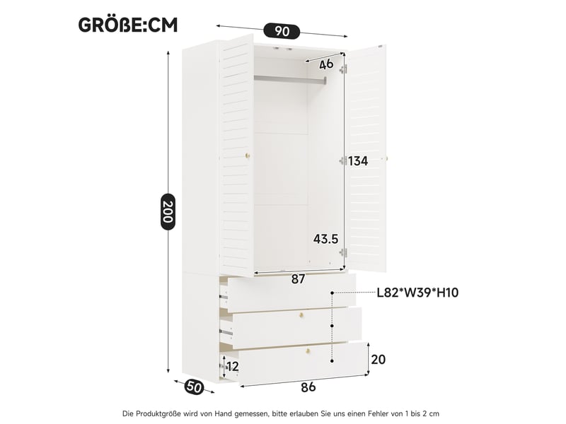 Armoire 2 portes 90 x 50 x 200 cm – blanc – tringle penderie et 3 tiroirs, style moderne pour chambre - Conforama C