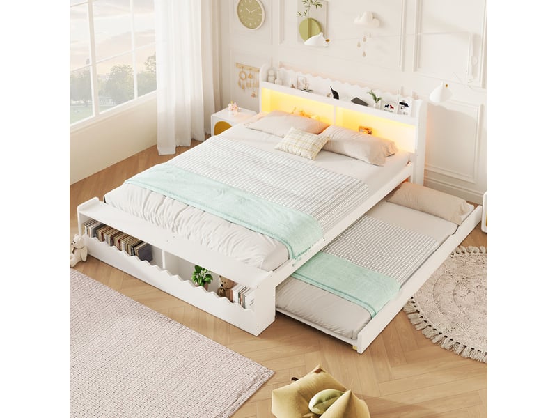  Lit gigogne, 140 x 200 cm, avec tête et pied de lit dotés d'espaces de rangement, et bande lumineuse led, blanc  - Conforama D