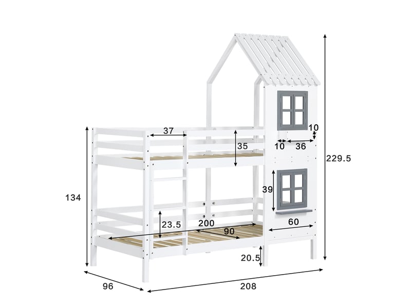  Lit superposé 90x200 cm, lit enfant avec barrière de sécurité et fenêtre en forme de maison, bois de pin massif avec escalier et rangements, blanc  - Conforama E