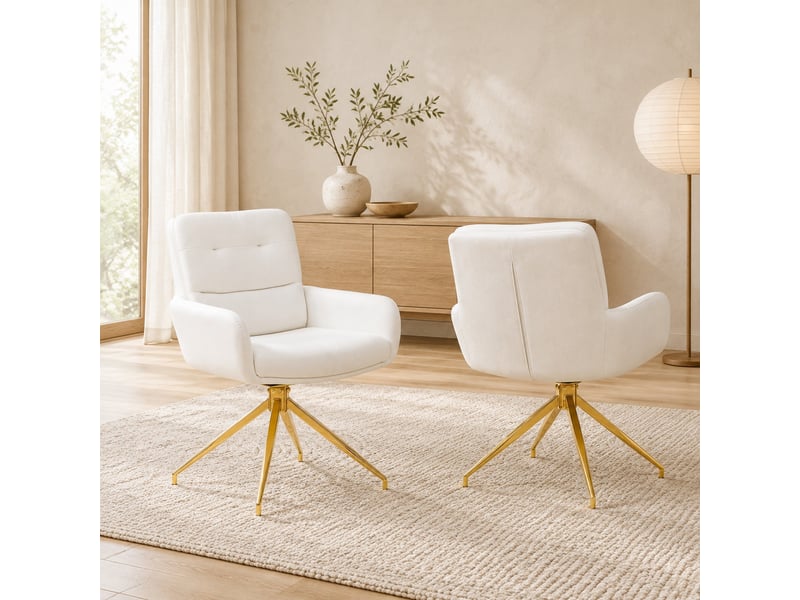 Lot de 2 chaises de salle à manger pivotantes 360°  - dossier rembourré, simili cuir blanc, métal doré  - Conforama C