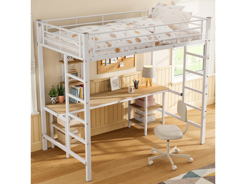 Lit mezzanine enfant 90x200 cm, table, étagère, garde-corps, sommier, métal blanc, sans matelas - Conforama B