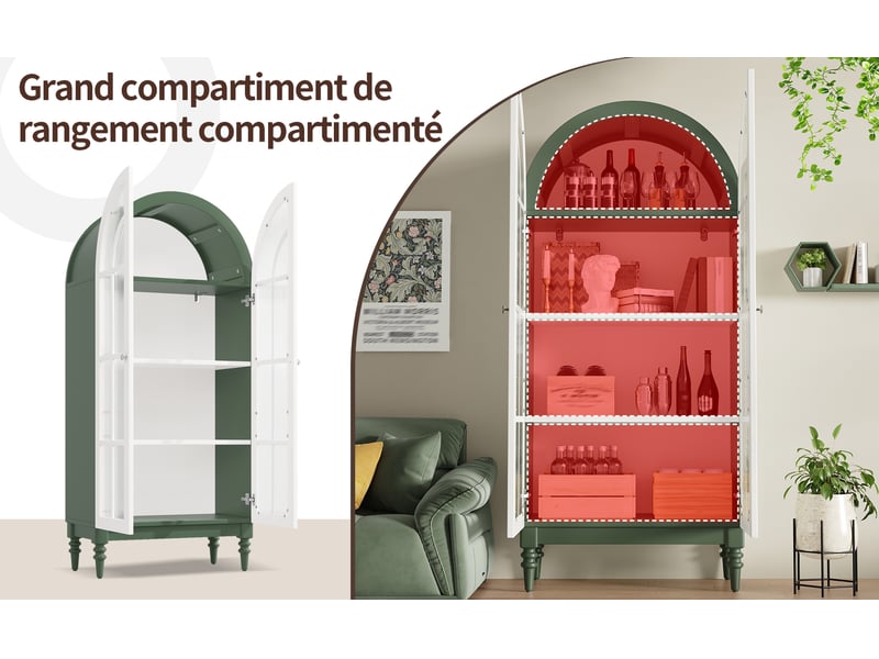  Lot de 2 vitrines cintrées, coloris vert foncé et blanc, 76 × 38,5 × 165 cm chacun, mdf, métal et verre, 3 niveaux  - Conforama C
