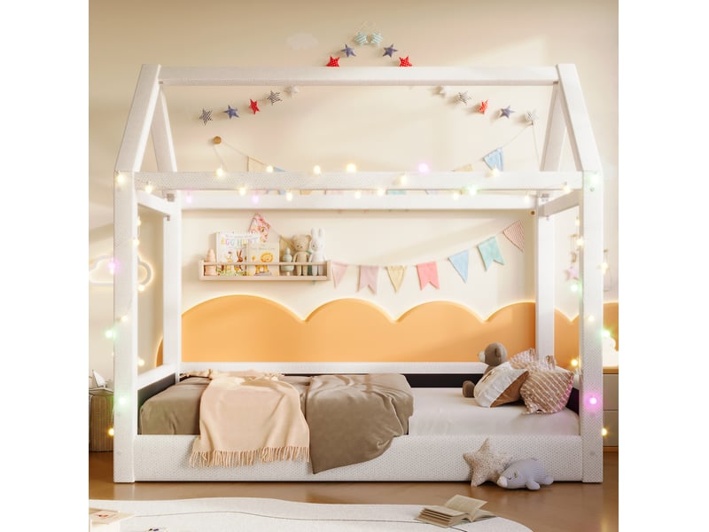  Lit cabane enfant 90x200 cm design minimaliste moderne, led multicolore, structure mdf recouvert lin, beige sans matelas  - Conforama R