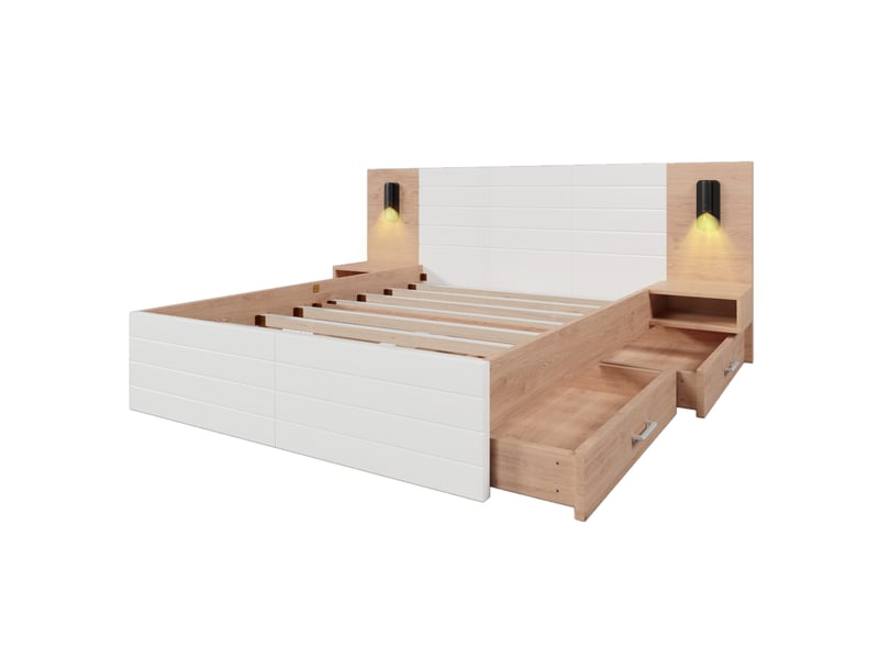 Lit 2 places 160x200 cm – blanc et chêne clair – tiroirs, liseuses orientables et port usb sans matelas  - Conforama D