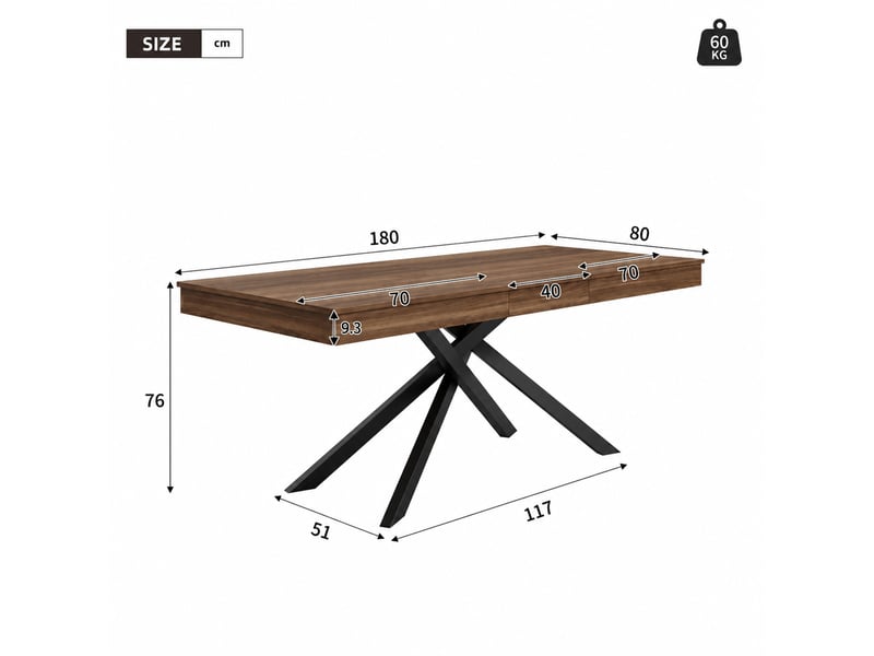 Table à manger extensible rectangulaire noyer, 140180 x 80 cm, 6–8 places - Conforama C