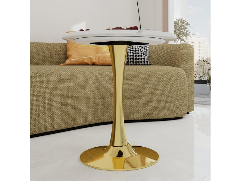  Table basse ronde 70 cm en marbre artificiel, pied central en fer doré et blanc  - Conforama E