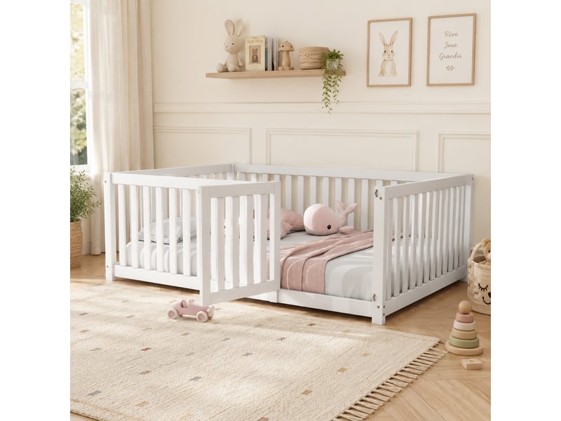  Lit au sol enfant 140x200 cm avec barrière 60 cm et petite porte BrimViber - Conforama B