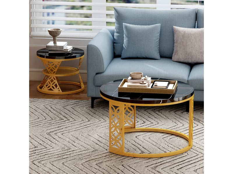  Tables gigognes rondes 70 et 45 cm, plateau noir laqué et pieds dorés, style luxe contemporain  - Conforama E