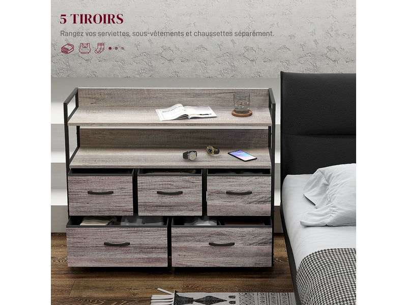 Meuble de rangement style industriel commode 98l x 29p x 85h cm 5 tiroirs en tissu pliables et amovibles et étagères - - Conforama A