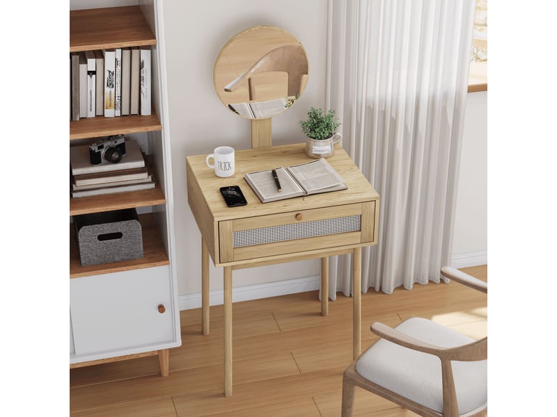  Coiffeuse avec miroir rond 60x50x128 cm-1 tiroir-décor rotin-compacte petits espaces-mdf-chêne clair-sans chaise  - Conforama D