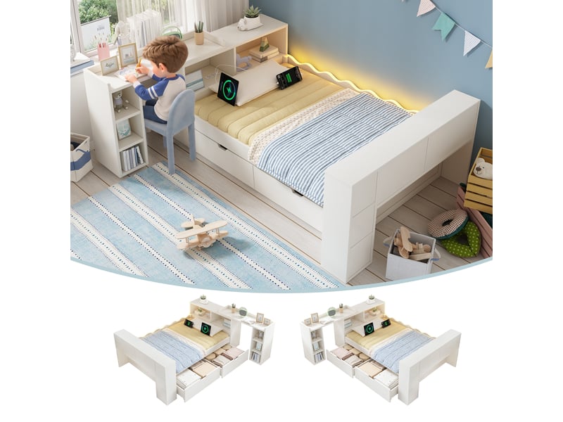 Lit combiné 90 × 200 cm avec bureau coulissant, 2 tiroirs, prises et led Fay Lum - Conforama B