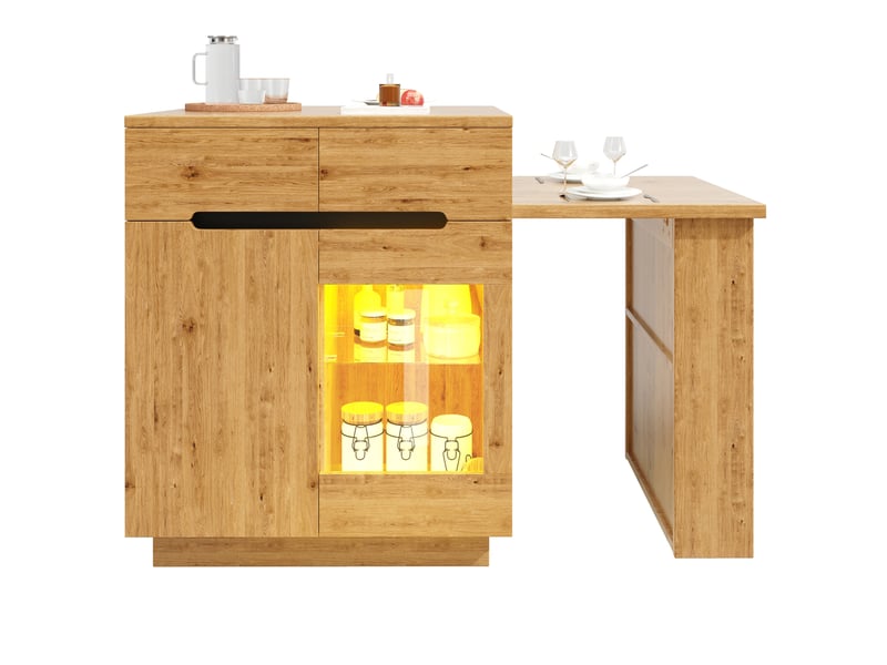 Îlot de cuisine avec table extensible et éclairage led, aspect chêne - Conforama A