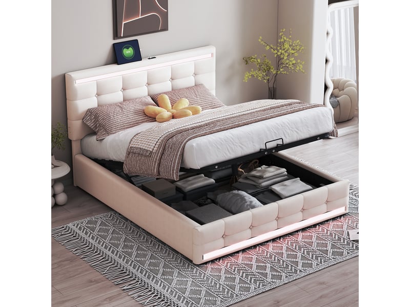  Lit capitonné 140x200 cm en lin beige avec led, usb, coffre et tête réglable, et sommier  - Conforama E