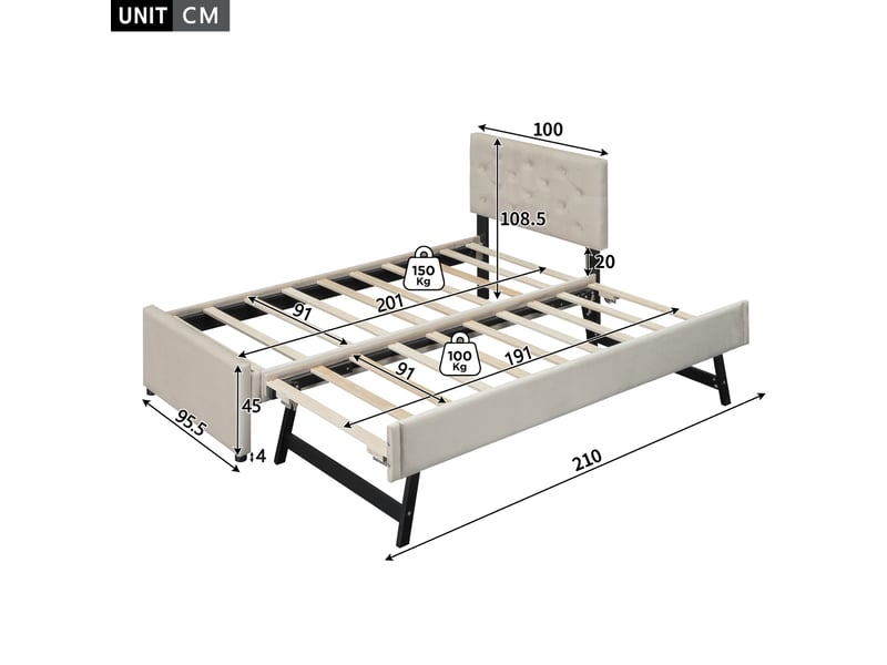  Lit rembourré beige 90x200 cm avec tiroir roulant, velours et sommier à lattes  - Conforama C