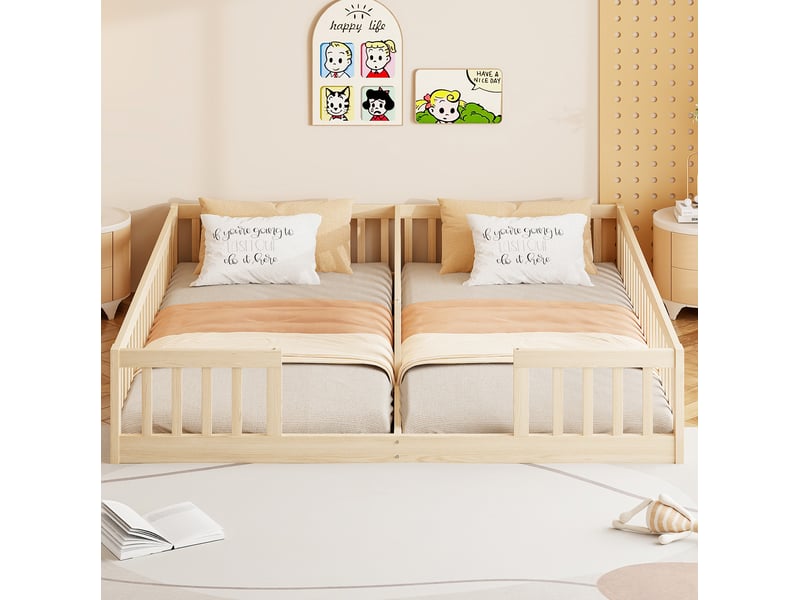 Lit enfant 90x200 cm, 2 couchages avec barrières, en bois, naturel, sans matelas - Conforama B