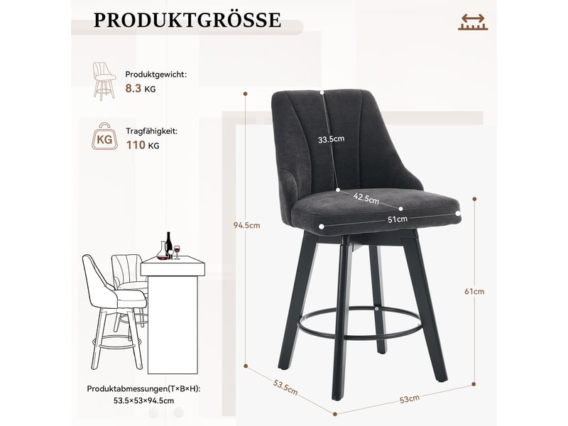  Lot de 2 tabourets de bar pivotants,avec dossier et repose-pieds,chenille,gris  - Conforama C