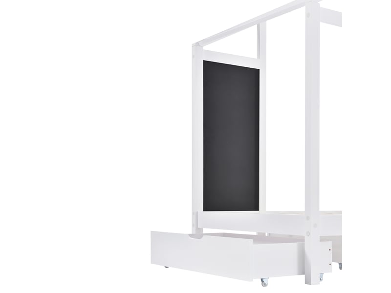  Lit cabane enfant 90x200 cm avec tableau noir et 2 tiroirs, pin et mdf, blanc, sans matelas  - Conforama E