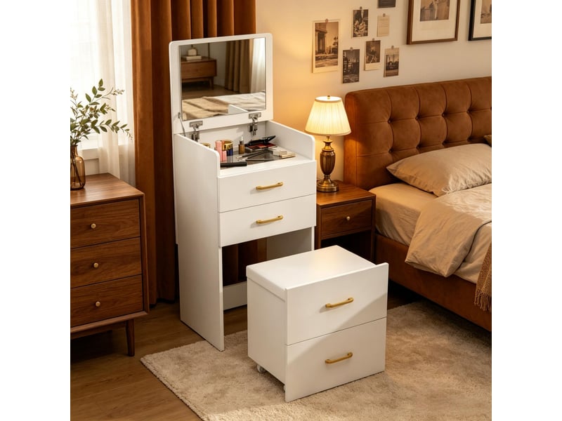 Coiffeuse 3 en 1 avec miroir rabattable 48x40x90 cm-3 tiroirs-plateau en verre-tabouret rembourré à roulettes-blanc - Conforama B