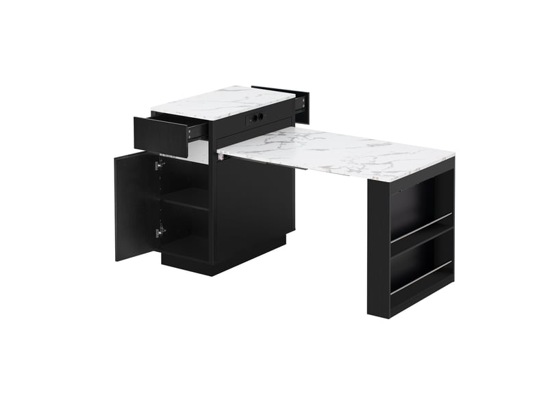  Îlot de cuisine extensible avec éclairage led, multiprise et roulettes - noir DE000047AAB - Conforama B