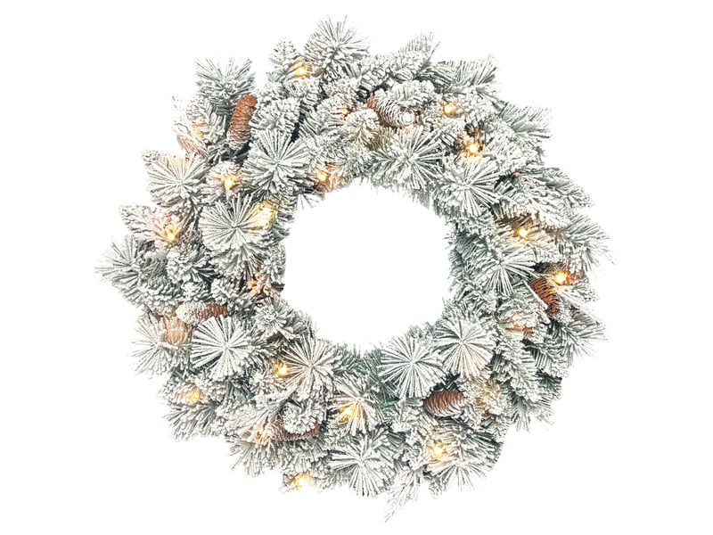  Couronne de noël lumineuse 60 cm avec 35 led blanc chaud, minuterie, 98 pointes, pommes de pin, vert et blanc  - Conforama B