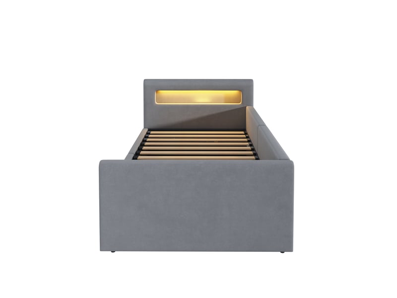  Lit enfant 90x200 cm gris clair velours avec led lumière de nuit port usb rangement hydraulique Sol Morn - Conforama A