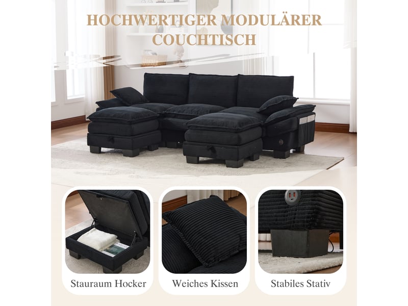 Canapé d'angle 3 places en velours côtelé noir avec 2 poufs et rangement intégré sous le pouf - Conforama D
