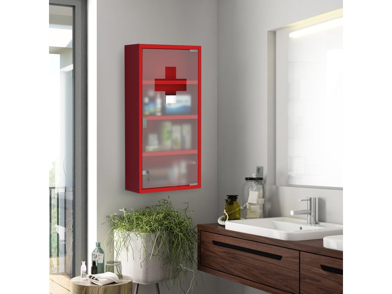  Armoire à pharmacie verrouillable à 4 compartiments, porte vitrée, acier, 60 x 30 x 12 cm, rouge  - Conforama C