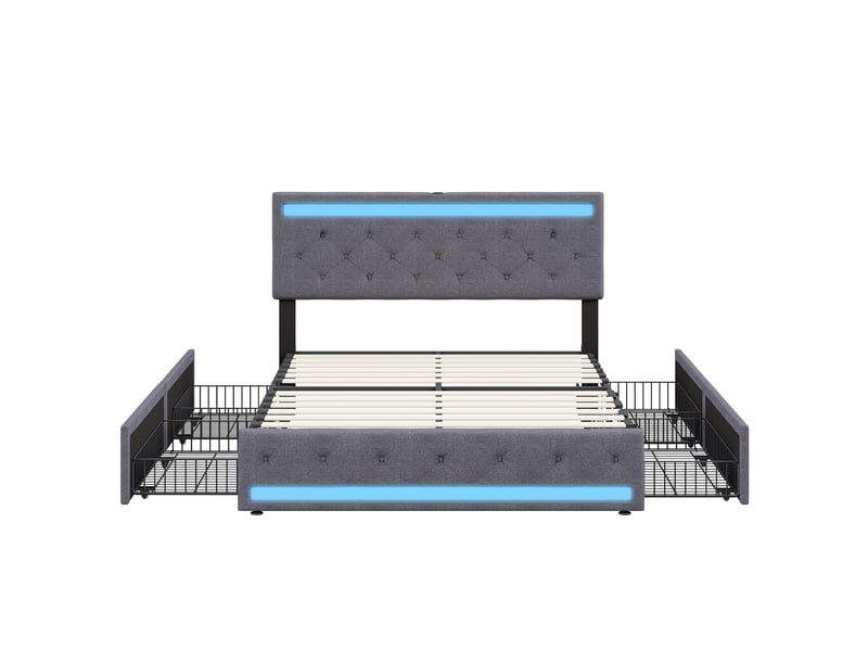  Lit adulte 180x200 cm avec 4 tiroirs, king size, led rgb, lit double capitonné avec tête de lit réglable, en lin, gris  - Conforama A