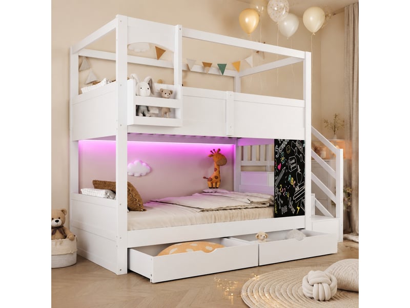 Lit superposé enfant 90 × 200 cm 2 places avec échelle de rangement, 2 tiroirs et tableau, sans matelas, blanc - Conforama B