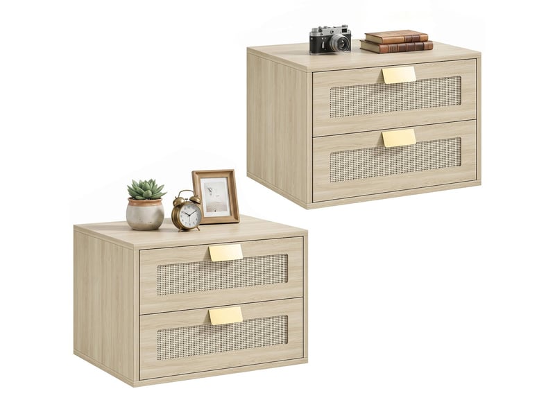  Lot de 2 tables de chevet murales 2 tiroirs rotin coloris chêne 40 x 30 x 27,6 cm  - Conforama A