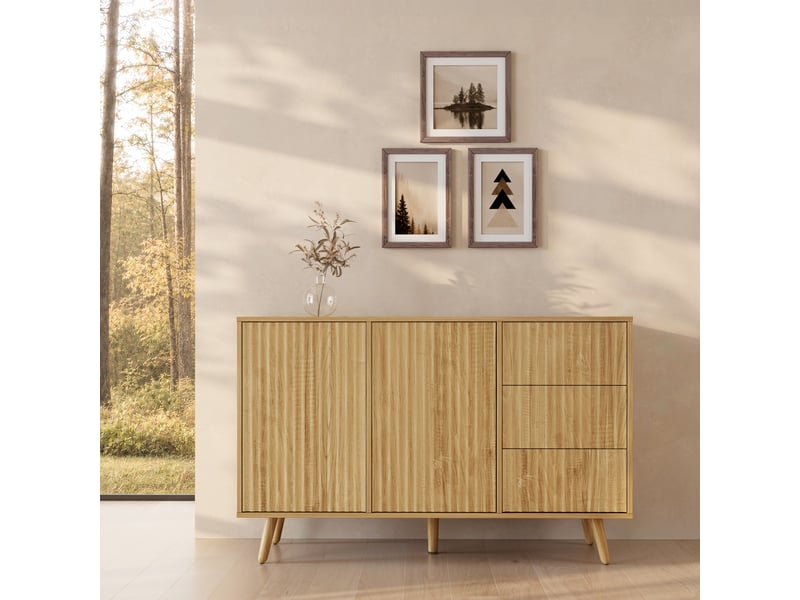  Buffet de salon bas 2 portes 3 tiroirs cannelé | meuble de rangement à rainures | console d'entrée | 120x40x76cm | modèle renzo l | couleur chêne alba Renzo L - Conforama C