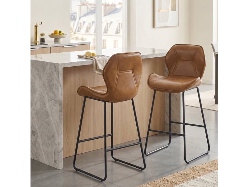  Tabouret de bar 2 pièces avec dossier ergonomique et repose-pieds, en métal et cuir synthétique marron  - Conforama C