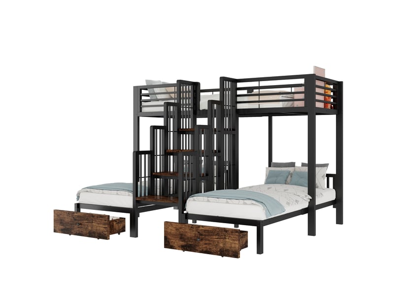  Lit superposé triple 90x200 cm avec escalier central, tiroirs et garde-corps noir  - Conforama A