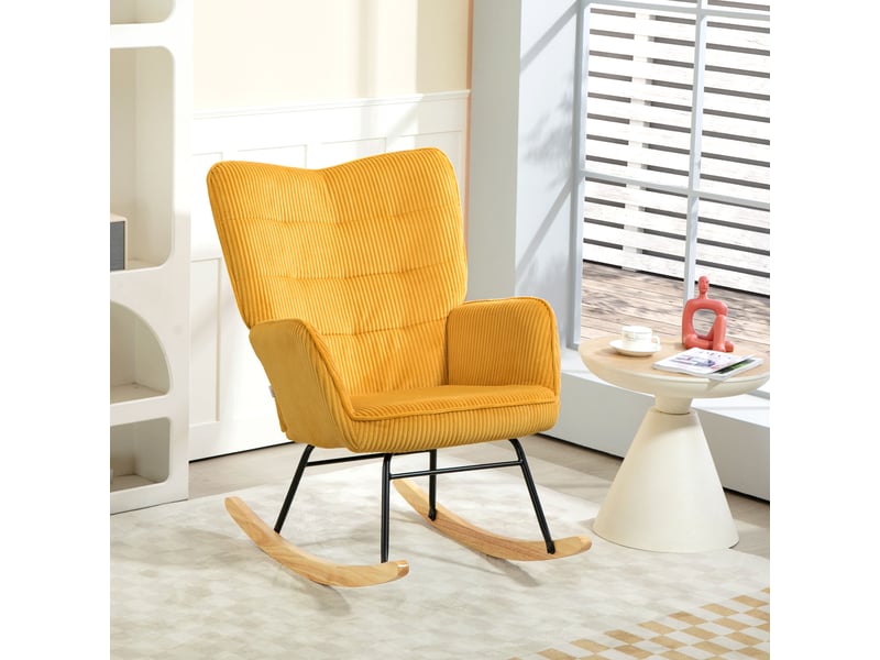  Fauteuil à bascule vintage, patins incurvés, rembourrage épais, bois de hêtre et acier, jaune  - Conforama D