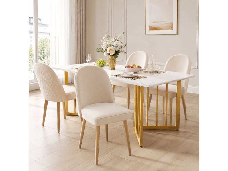  Lot de 4 chaises de salle à manger avec dossier incurvé et pieds antidérapants en velours beige et métal doré  - Conforama C