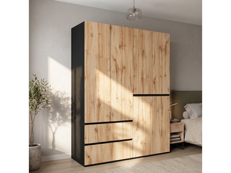 Armoire à portes battantes 180x50x200 cm, 2 tringles, 5 tiroirs, mdf, bois et noir, chambre et dressing, style pratique  - Conforama E