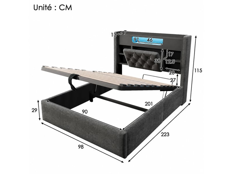  Lit coffre simple 90x200 cm en tissu gris avec rangement, led, usb et type-c, sans matelas  - Conforama D