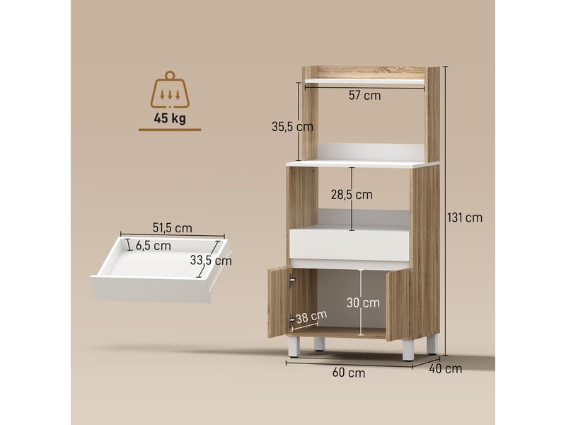Meuble micro-ondes, buffet cuisine avec tiroir, 2 portes à fermeture douce, chêne, plan de travail et étagères ouvertes - Conforama C