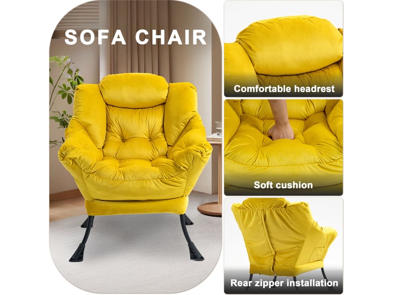  Fauteuil relax ulevr jaune avec poche latérale, structure en métal, 75 x 80 x 85 cm, rembourrage en coton pp et revêtement velours  - Conforama D