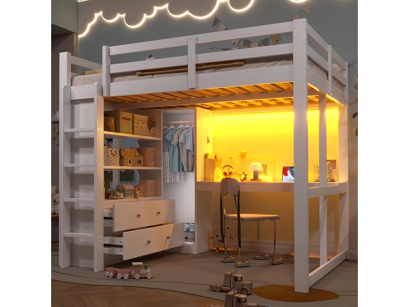 Lit mezzanine 140x200 cm blanc, avec bureau, 2 tiroirs, étagères, penderie, led, usb, sommier inclus, sans matelas - Conforama B