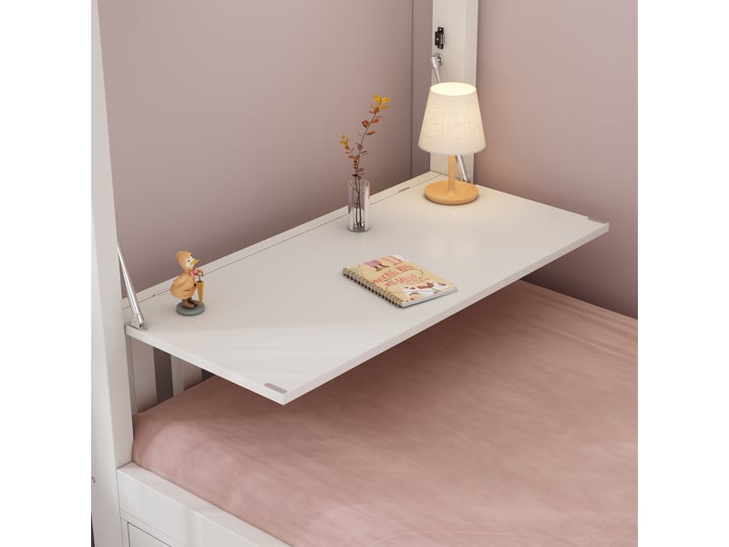  Lit mezzanine enfant 90x200 cm, lit superposé avec bureau pliant et rangement chaussures, lit gain de place en bois mdf, sommier inclus, blanc  - Conforama D