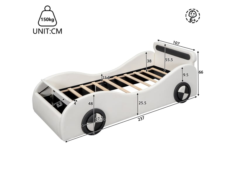 Lit enfant voiture 90 x 200 cm en pu et mdf, blanc, avec rangement et roues lumineuses  - Conforama E
